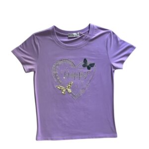 Blusa tipo playera de mujer con diseño de corazón en pedrería en color lila de tela algodón