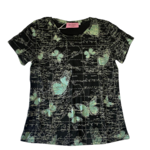 Playera color negro con diseños de mariposas manga corta para mujer