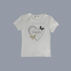 Blusa tipo playera de mujer con diseño de corazón en pedrería en color blanco de tela algodón