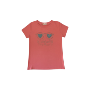 Blusa tipo playera tela algodón con diseño de lentes en pedrería y estampado en color coral