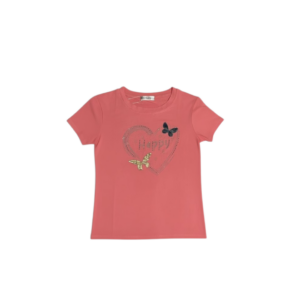 Blusa tipo playera de mujer con diseño de corazón en pedrería en color coral de tela algodón