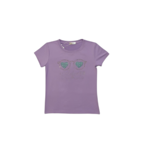Blusa tipo playera tela algodón con diseño de lentes en pedrería y estampado en color lila