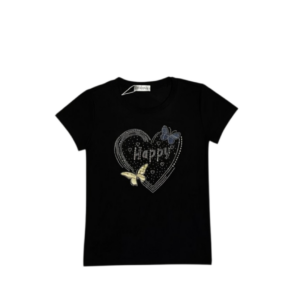Blusa tipo playera de mujer con diseño de corazón en pedrería en color negro de tela algodón