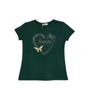 Blusa tipo playera de mujer con diseño de corazón en pedrería en color verde oscuro de tela algodón