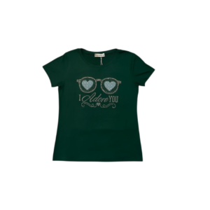 Blusa tipo playera tela algodón con diseño de lentes en pedrería y estampado en color verde oscuro