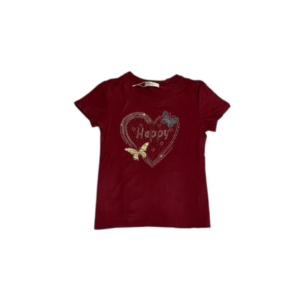 Blusa tipo playera de mujer con diseño de corazón en pedrería en color vino de tela algodón