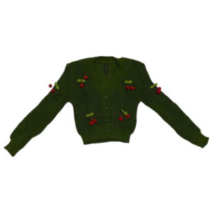Cárdigan para señoritas color verde militar claro con diseño de Cerezas